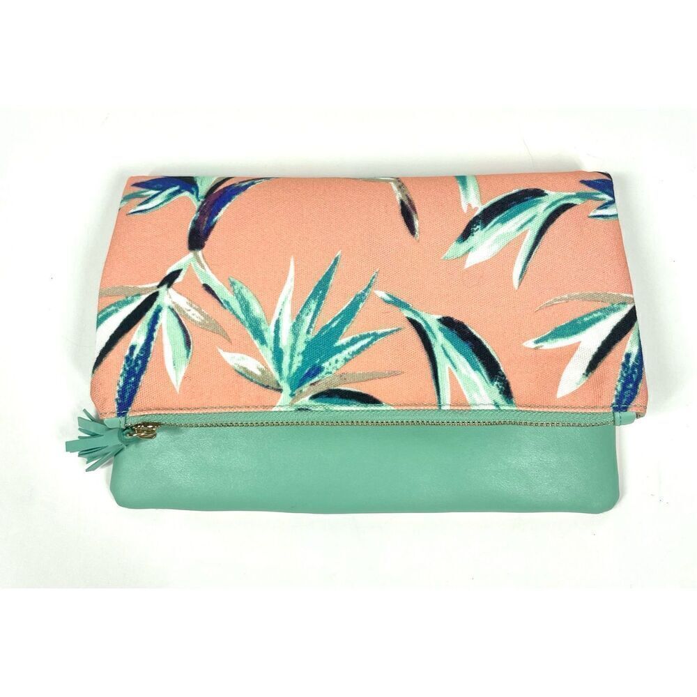 Rachel Pally Tropical Floral Coral Mint Reversible Foldover Canvas Clutch